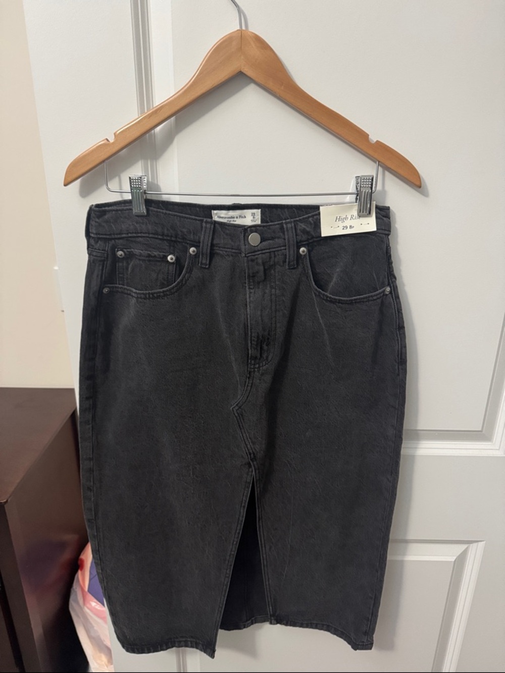 Abercrombie & Fitch High Rise Washed Black Denim Midi Skirt with Front Slit